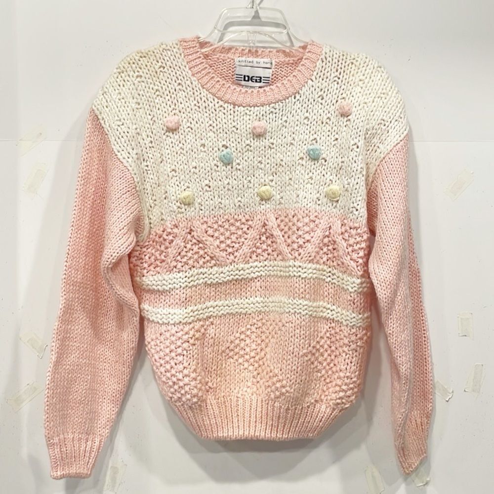 NEW Vintage Deb Womens‎ Lg Crew Neck Sweater Petal Pink Pom Poms Hand Knitted